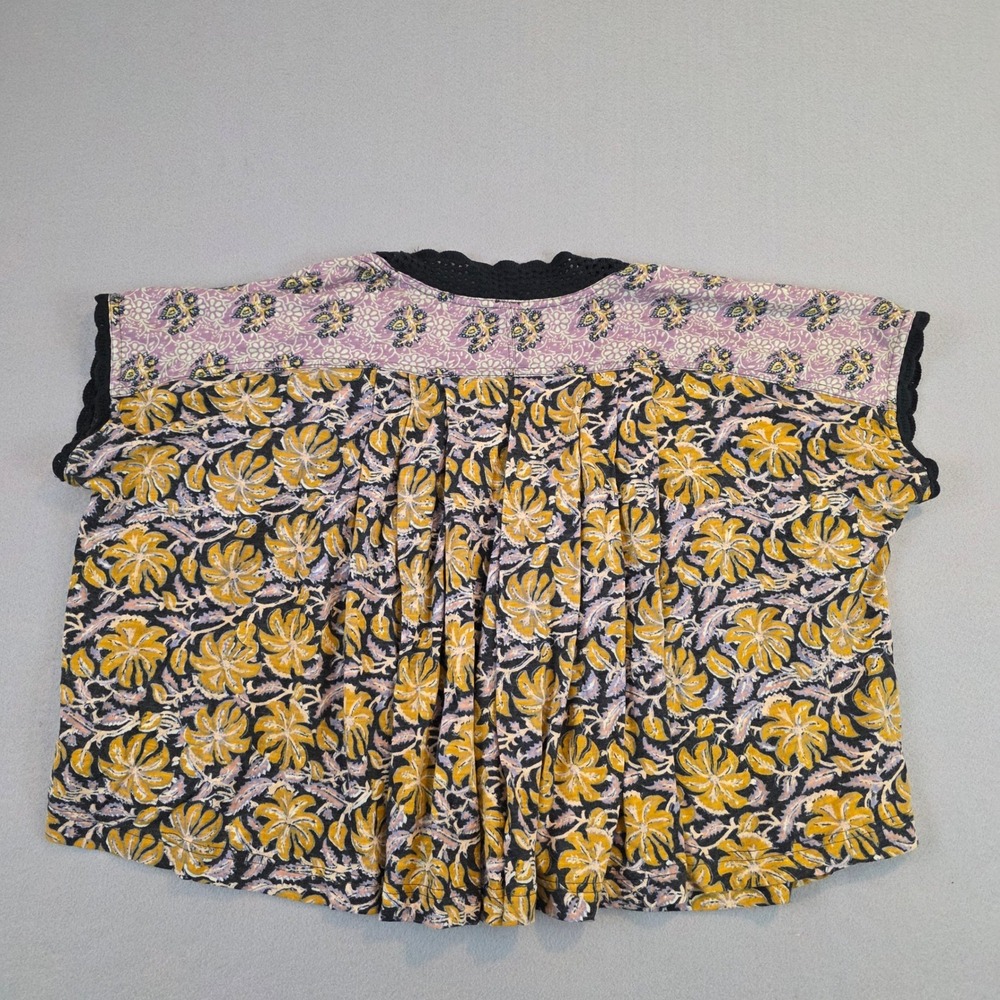 Free People Mixed Floral Boho Crochet V-Neck Cap Sleeve Top Mustard Purple Med - Picture 4 of 10